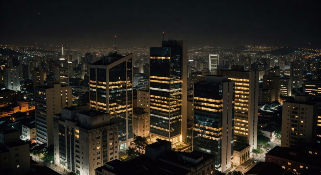 Paisagem urbana noturna de Belo Horizonte com prédios comerciais iluminados, centro empresarial Minas Gerais produção audiovisual