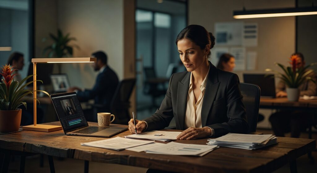 Executiva de marketing em blazer cinza analisando documentos em escritório moderno com laptop e café produção audiovisual