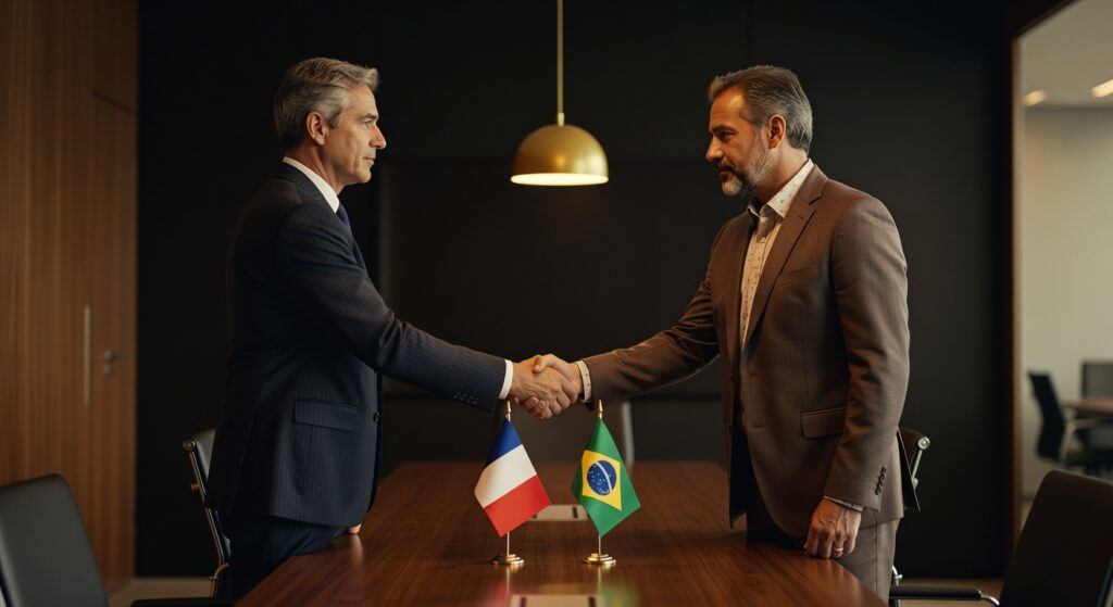 Dois executivos em trajes formais se cumprimentando em escritório com bandeiras do Brasil e França sobre mesa, vídeo corporativo