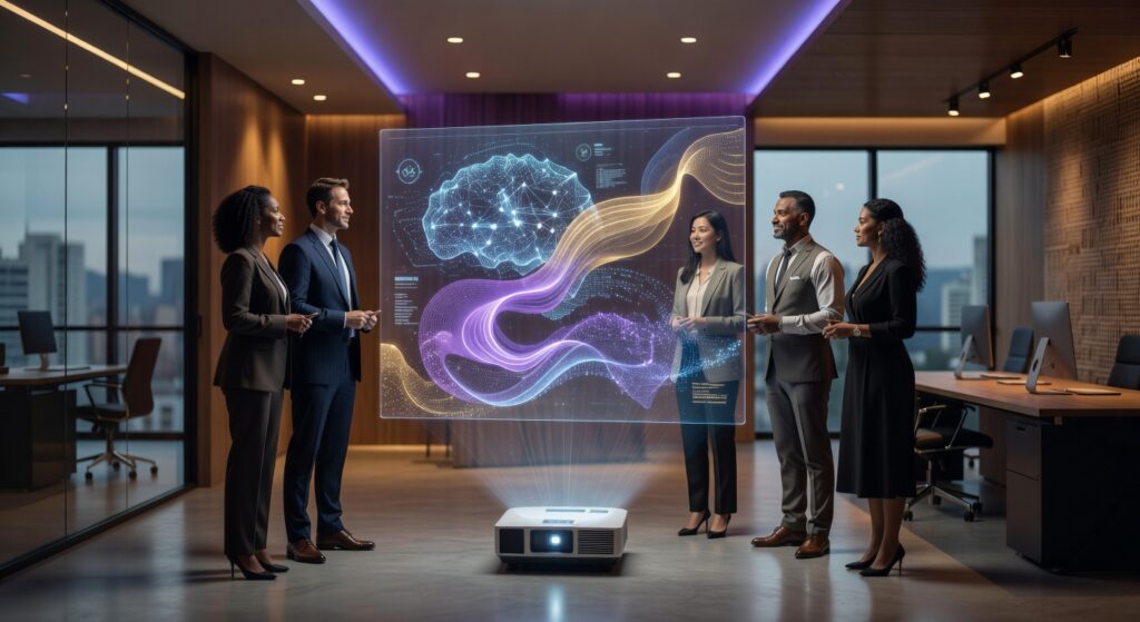 Executivos em reunião observando projeção holográfica de cérebro digital e fluxos de dados em escritório moderno corporativo