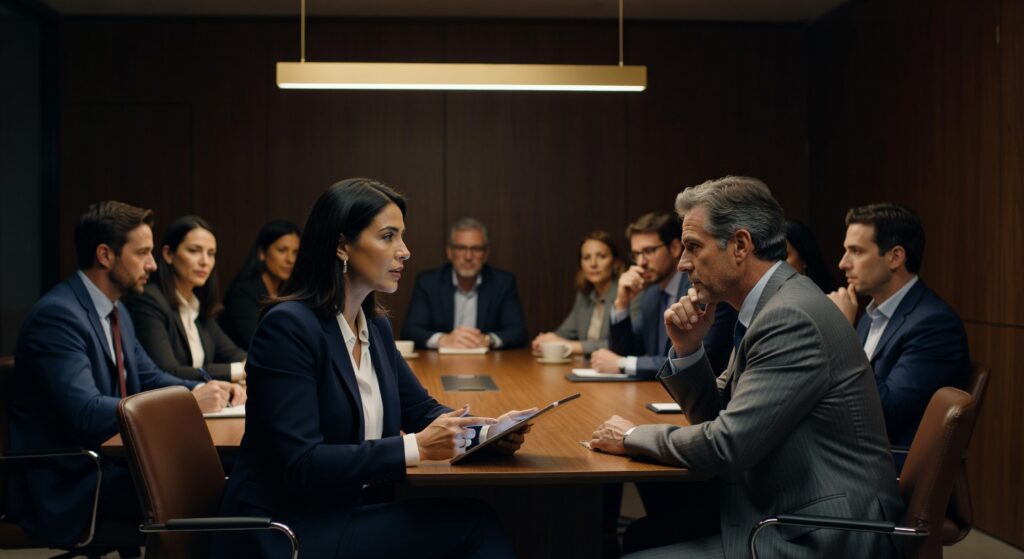 Reunião de negócios corporativa em sala de conferência com executivos discutindo estratégias de comunicação empresarial