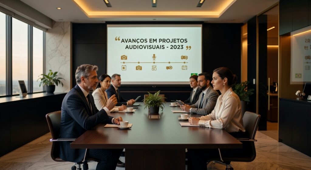 Executivos em sala de reunião corporativa apresentando projeto audiovisual com tela exibindo avanços 2023, produção Belo Horizonte