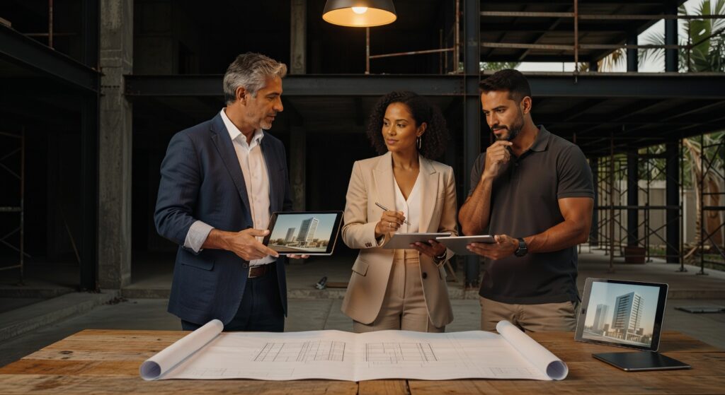 Três profissionais discutem projeto arquitetônico com plantas e laptops em canteiro de obras, vídeo corporativo