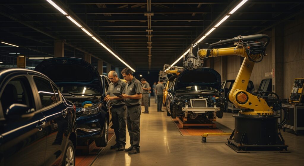 Linha de montagem automotiva moderna com robôs industriais amarelos e técnicos trabalhando em carros pretos