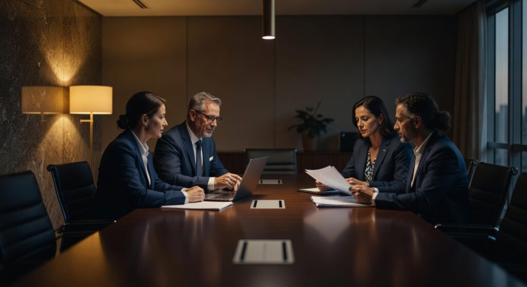 Executivos em reunião corporativa analisando documentos em sala de conferência moderna, produção audiovisual Belo Horizonte
