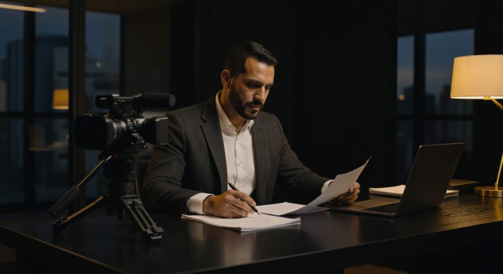 Executivo de terno revisando documentos em escritório com câmera profissional, produção audiovisual corporativa