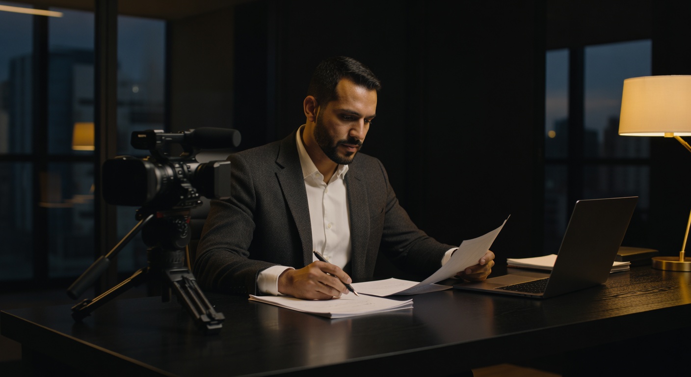 Executivo de terno revisando documentos em escritório com câmera profissional, produção audiovisual corporativa