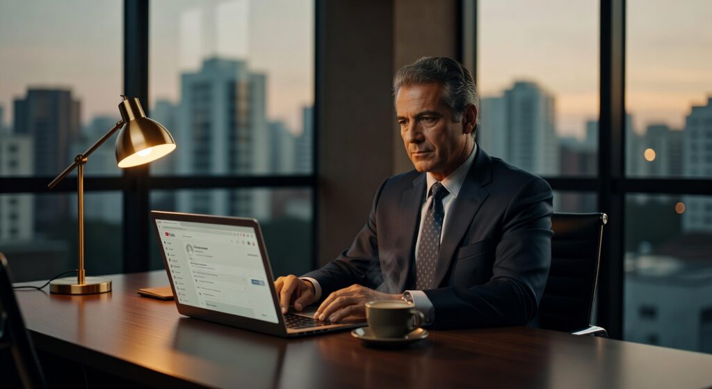 Executivo de terno trabalhando em laptop moderno em escritório corporativo com vista urbana, produção audiovisual