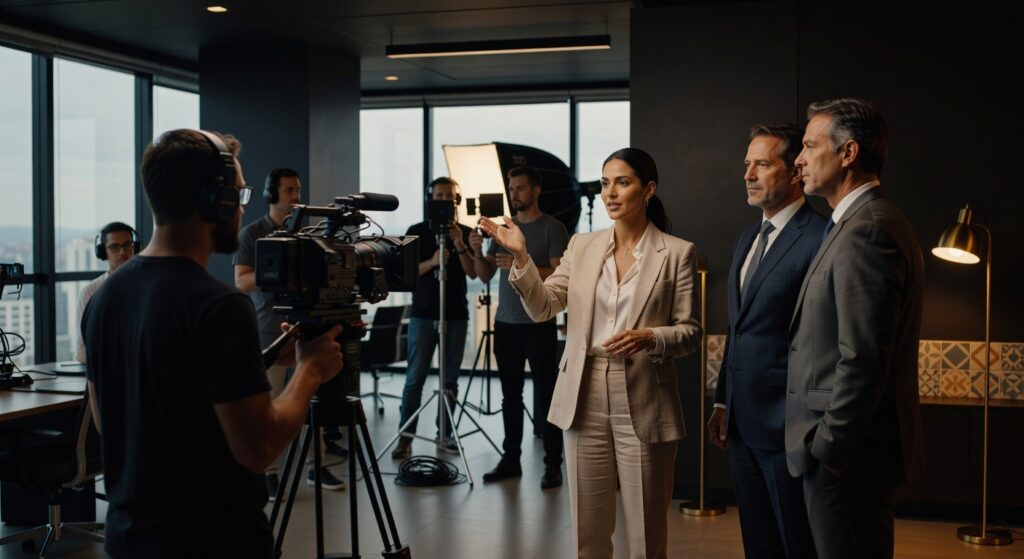 Equipe de produção audiovisual filmando executivos em escritório moderno com câmera profissional e iluminação corporativa