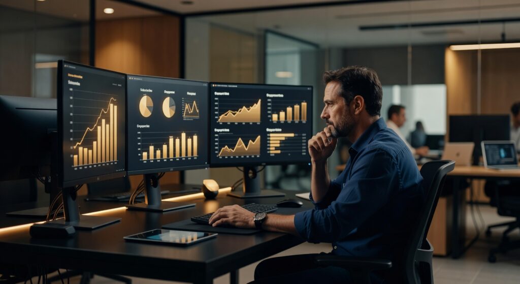 Executivo analisando gráficos e dashboards em múltiplos monitores em escritório moderno para produção audiovisual