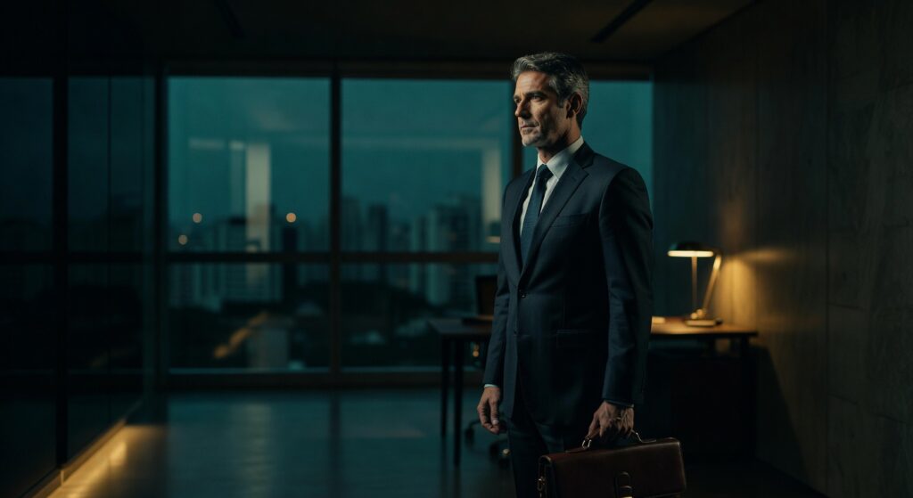Executivo de terno em escritório moderno com janelas panorâmicas segurando maleta, produção audiovisual corporativa