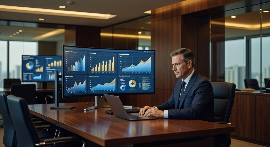 Executivo em terno analisando dashboard com gráficos e métricas em monitor ultrawide em escritório moderno