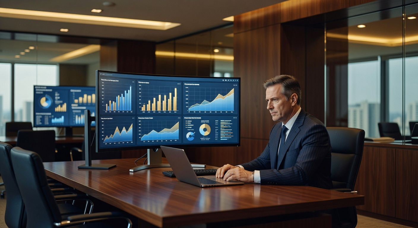 Executivo em terno analisando dashboard com gráficos e métricas em monitor ultrawide em escritório moderno