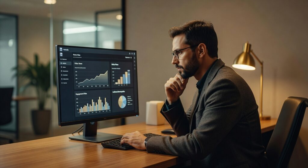 Homem de blazer analisando dashboard com gráficos de engajamento em monitor, escritório moderno, produção audiovisual