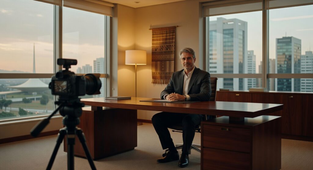 Executivo de terno sendo filmado com câmera profissional em escritório corporativo com vista urbana, produção audiovisual