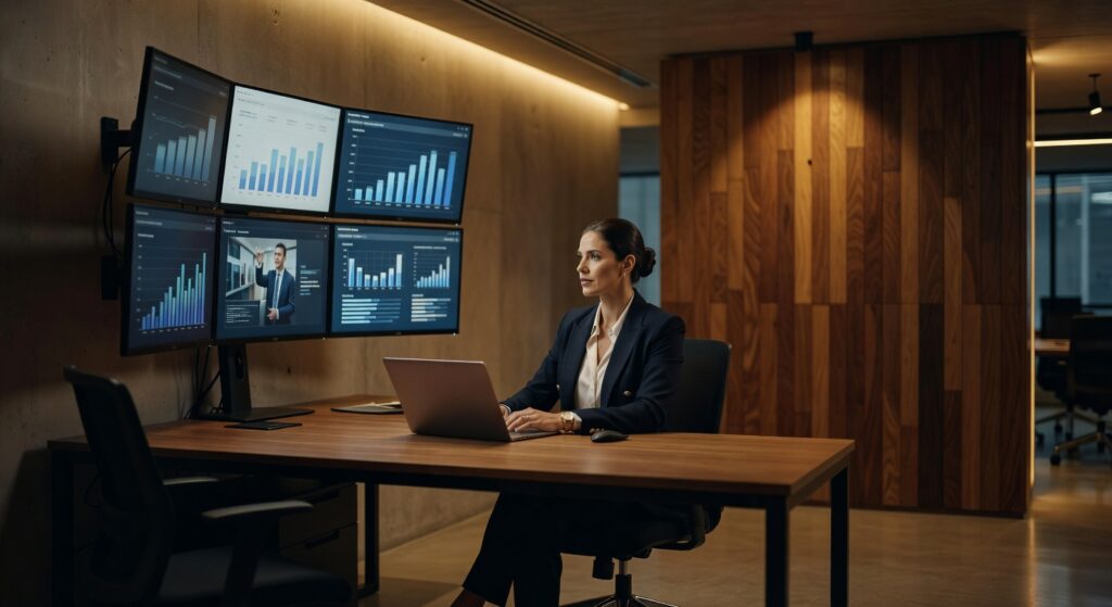 Executiva de terno analisando gráficos e dados em múltiplos monitores em escritório moderno, produção audiovisual