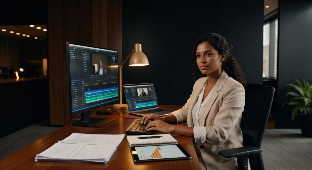 Mulher profissional trabalhando em mesa com monitores mostrando timeline de edição de vídeo e gráficos audiovisuais