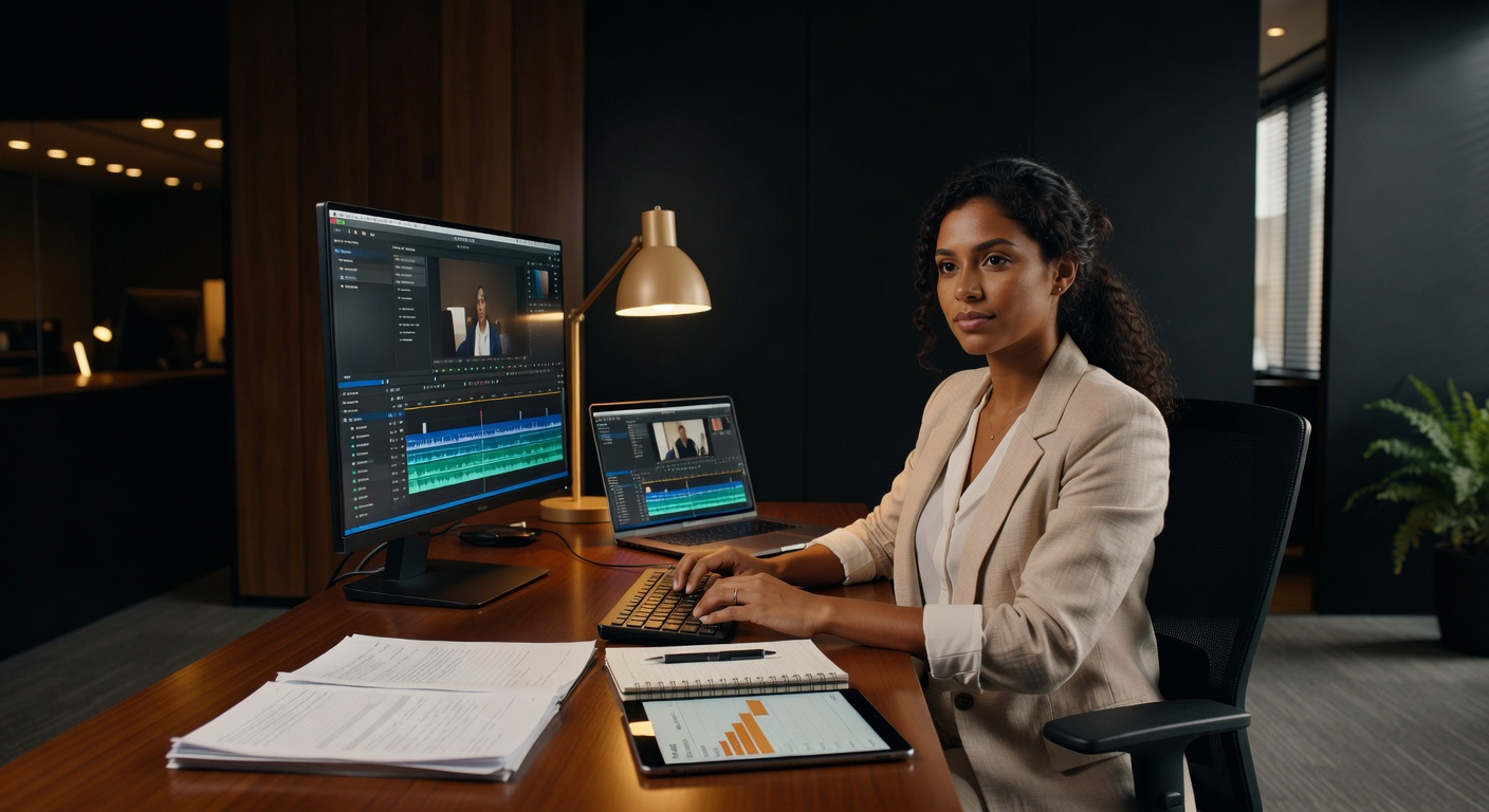 Mulher profissional trabalhando em mesa com monitores mostrando timeline de edição de vídeo e gráficos audiovisuais