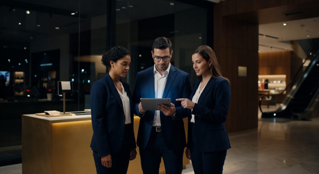 Três profissionais em trajes executivos analisando tablet em ambiente corporativo moderno, produção audiovisual