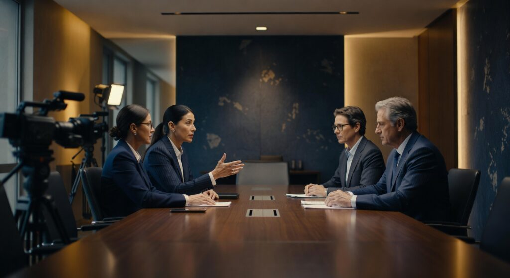 Reunião de negócios sendo filmada com câmera profissional, executivos em sala de reunião moderna, produção audiovisual corporativa
