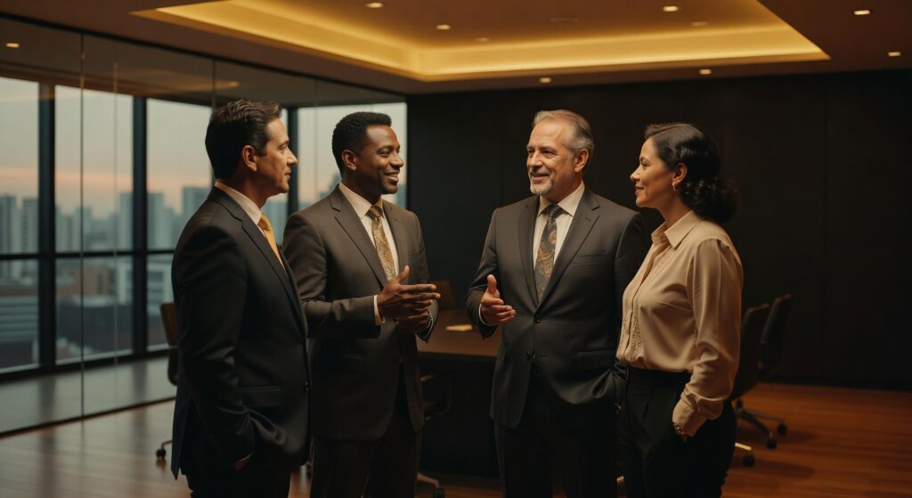 Quatro executivos em trajes corporativos conversando em sala de reuniões com vista panorâmica, produção audiovisual