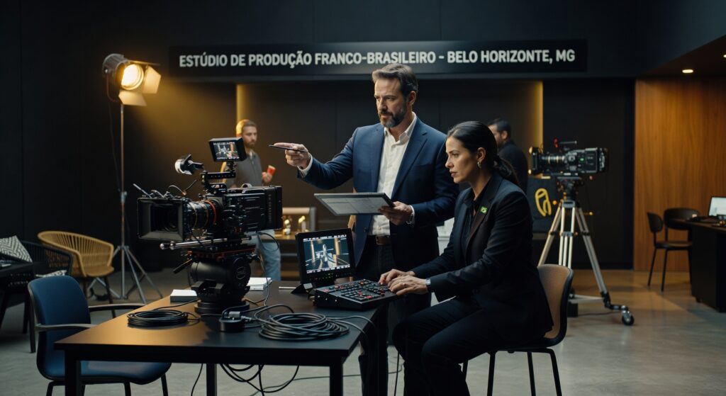 Diretor e produtora trabalhando em estúdio de produção audiovisual com câmeras profissionais em Belo Horizonte