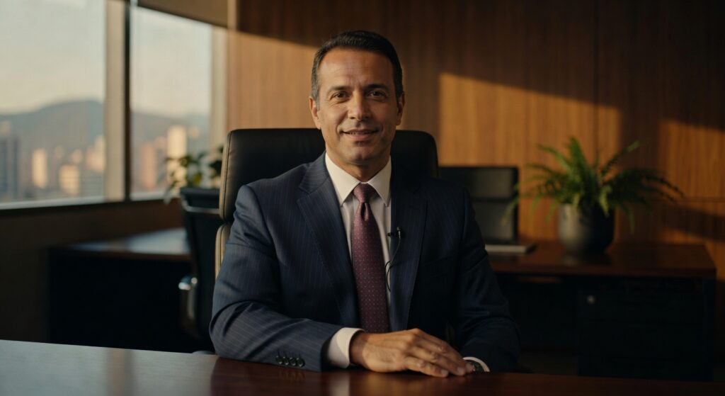 Executivo de terno azul sorrindo em escritório moderno com vista urbana, ideal para vídeo corporativo e depoimentos