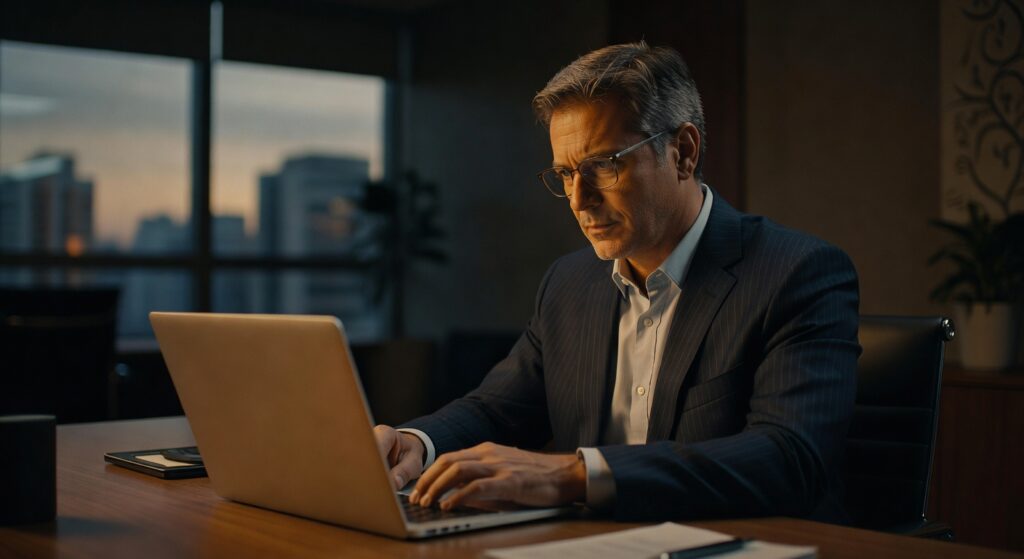 Executivo de terno trabalhando em laptop durante horário noturno em escritório moderno, vídeo corporativo