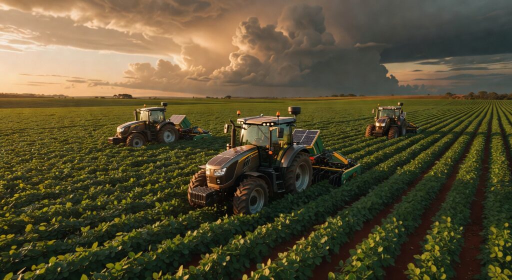 Três tratores agrícolas com painéis solares trabalhando em plantação verde sob céu dramático, produção audiovisual agronegócio