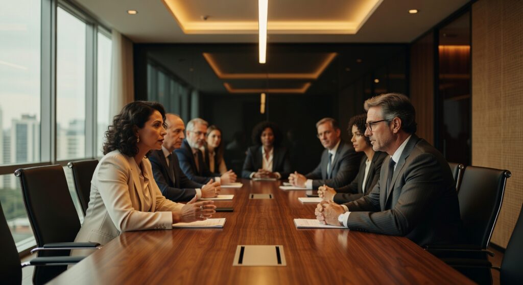Executivos em reunião corporativa ao redor de mesa de madeira em sala moderna com janelas panorâmicas, produção audiovisual