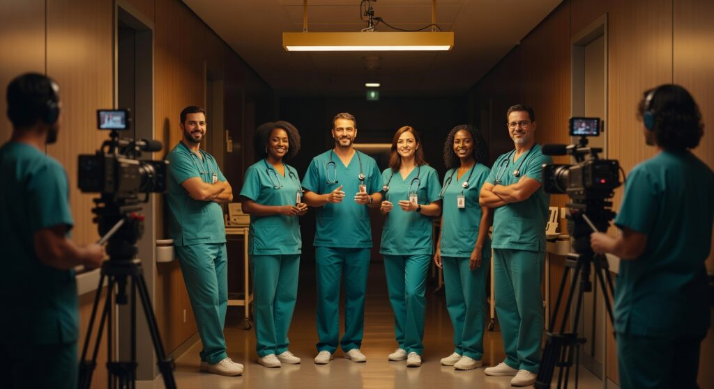 Equipe de profissionais da saúde uniformizados sendo filmados por câmeras profissionais em ambiente hospitalar para produção audiovisual corporativa