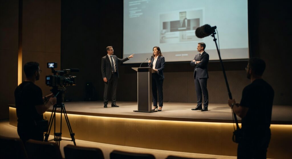 Três executivos em palco durante gravação de evento corporativo com equipe de produção audiovisual e projeção