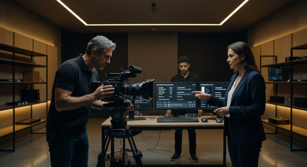 Cinegrafista operando câmera profissional em estúdio moderno com mulher executiva e monitores, produção audiovisual