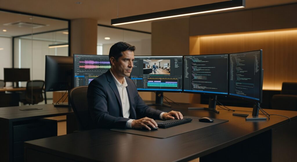 Profissional de terno trabalhando em setup com múltiplos monitores exibindo softwares de edição de vídeo e áudio em escritório moderno