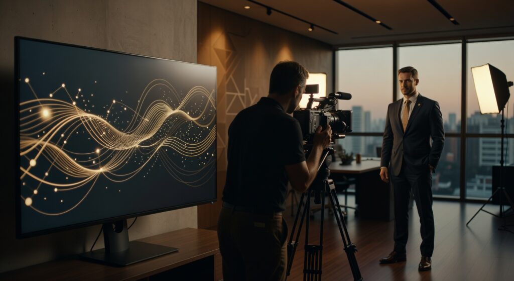 Cinegrafista filmando executivo em escritório com monitor exibindo motion graphics, produção audiovisual corporativa