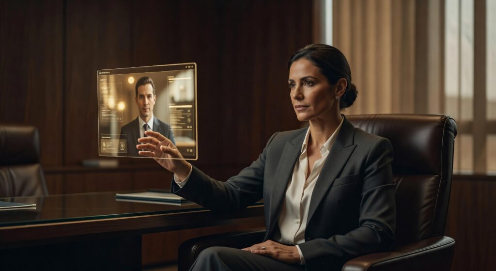 Executiva de terno cinza em videoconferência holográfica interagindo com homem na tela, produção audiovisual corporativa