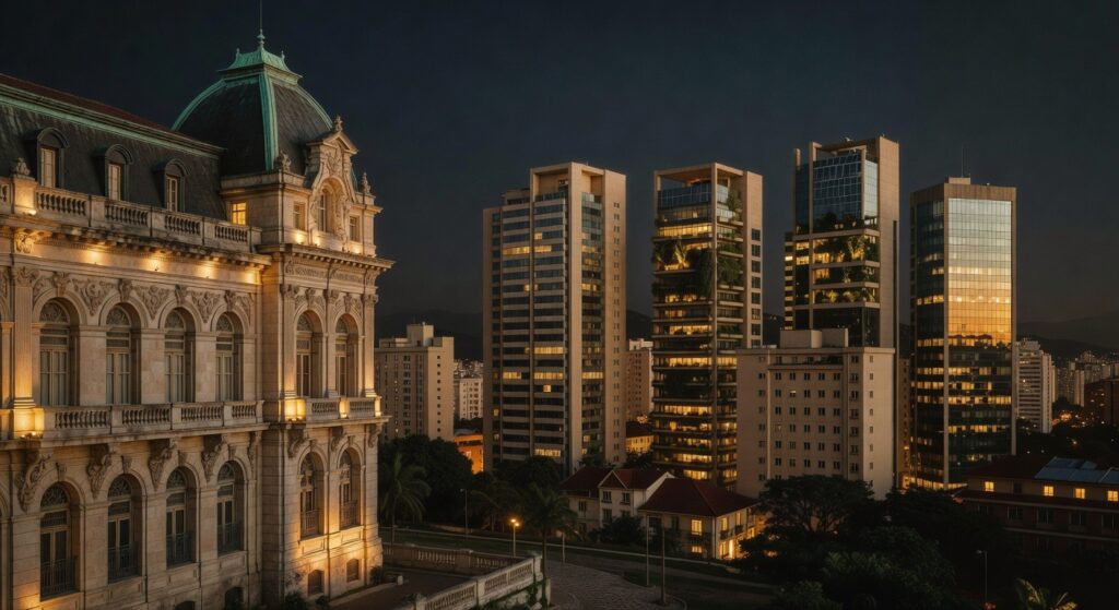 Vista noturna de Belo Horizonte mostrando arquitetura clássica e prédios modernos iluminados em Minas Gerais