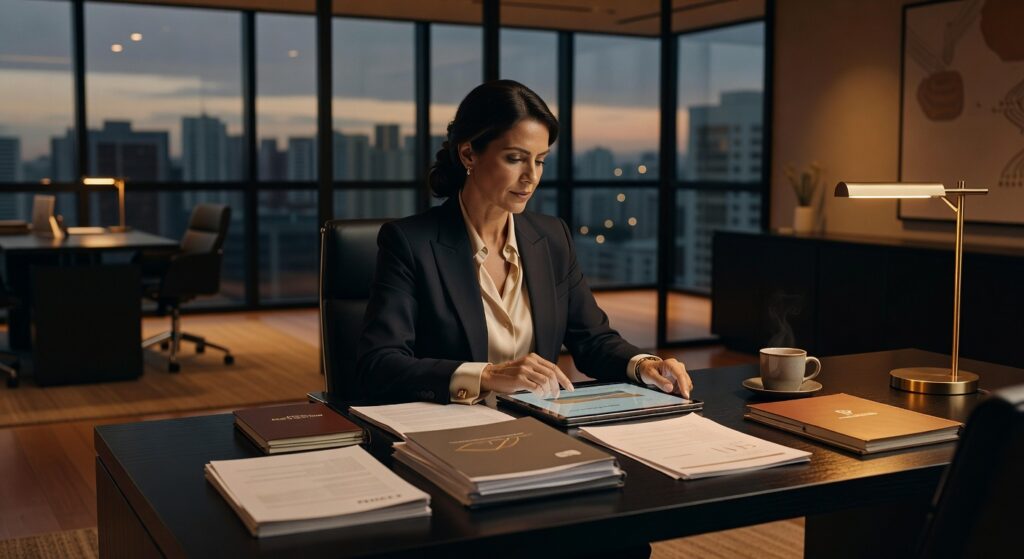 Executiva de terno analisando documentos em escritório corporativo moderno com vista da cidade, produção audiovisual