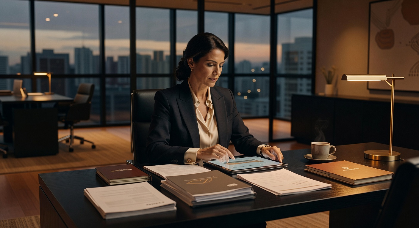 Executiva de terno analisando documentos em escritório corporativo moderno com vista da cidade, produção audiovisual