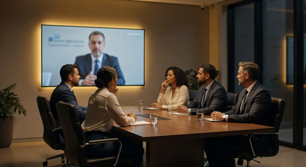 Executivos em sala de reunião assistindo videoconferência com apresentador na tela, comunicação interna empresarial
