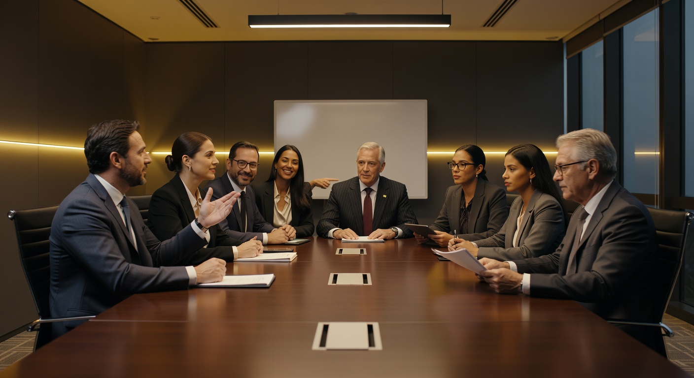 Executivos em reunião de negócios corporativa ao redor de mesa de conferência em ambiente empresarial moderno