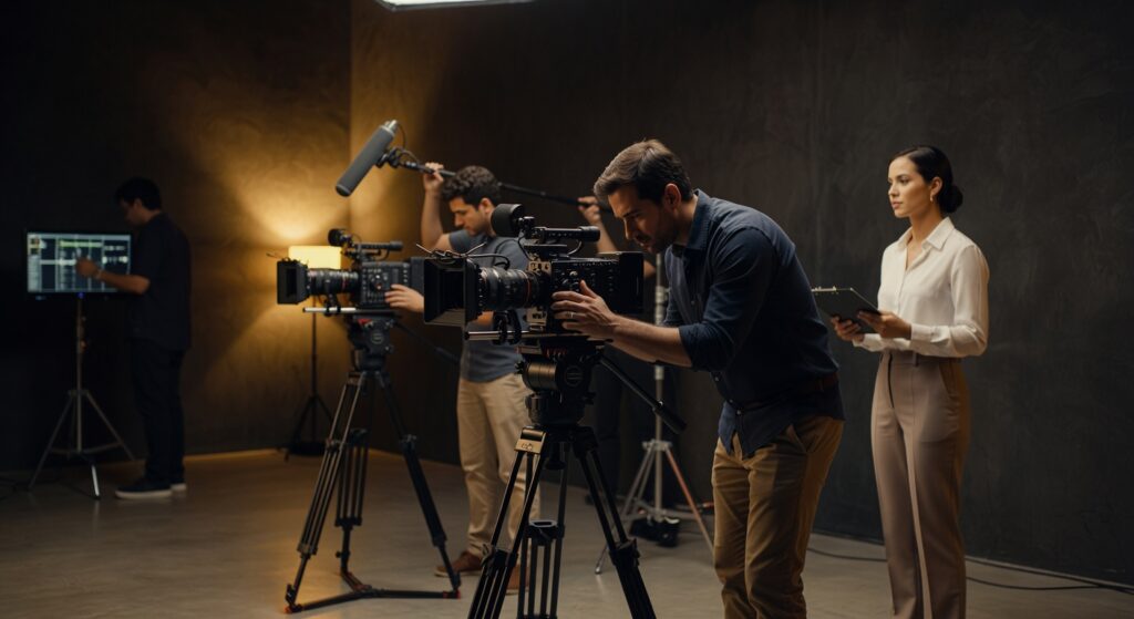 Equipe de produção audiovisual trabalhando com câmeras profissionais e equipamentos de iluminação em estúdio, vídeo corporativo Belo Horizonte