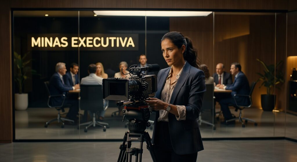 Produtora profissional operando câmera em ambiente corporativo com executivos em reunião, produção audiovisual Minas Gerais