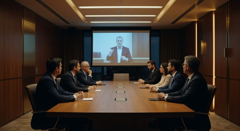 Sala de reuniões executiva com videoconferência sendo exibida em telão, profissionais em mesa de madeira, produção audiovisual
