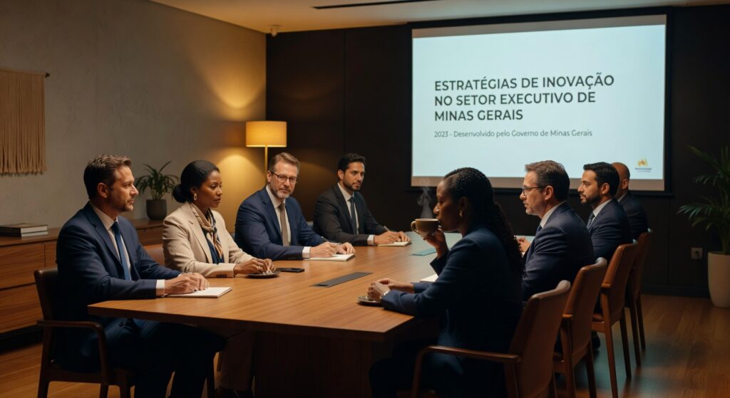 Executivos em reunião corporativa ao redor de mesa de madeira com projeção sobre estratégias de inovação em Minas Gerais