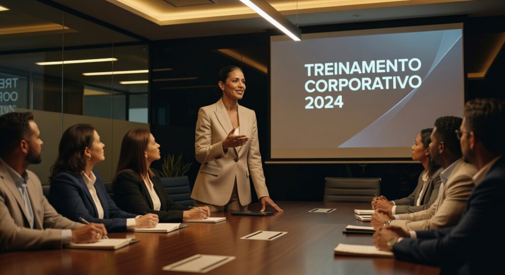 Mulher apresentando em sala de reunião com projeção 'Treinamento Corporativo 2024' para equipe profissional vídeo corporativo