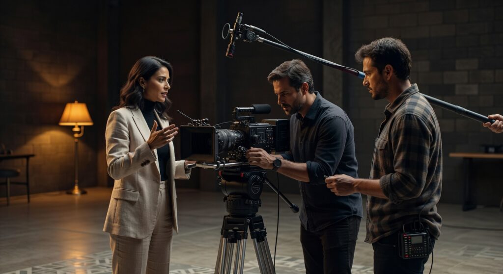 Mulher executiva sendo entrevistada por equipe de filmagem com câmera profissional e microfone boom em produção audiovisual