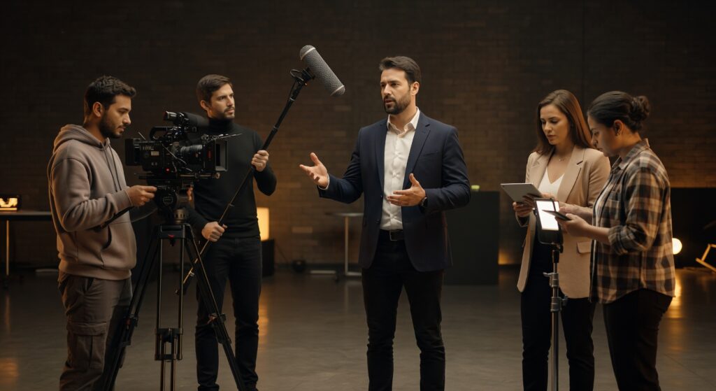 Executivo sendo entrevistado por equipe de produção audiovisual com câmera profissional e boom em estúdio corporativo