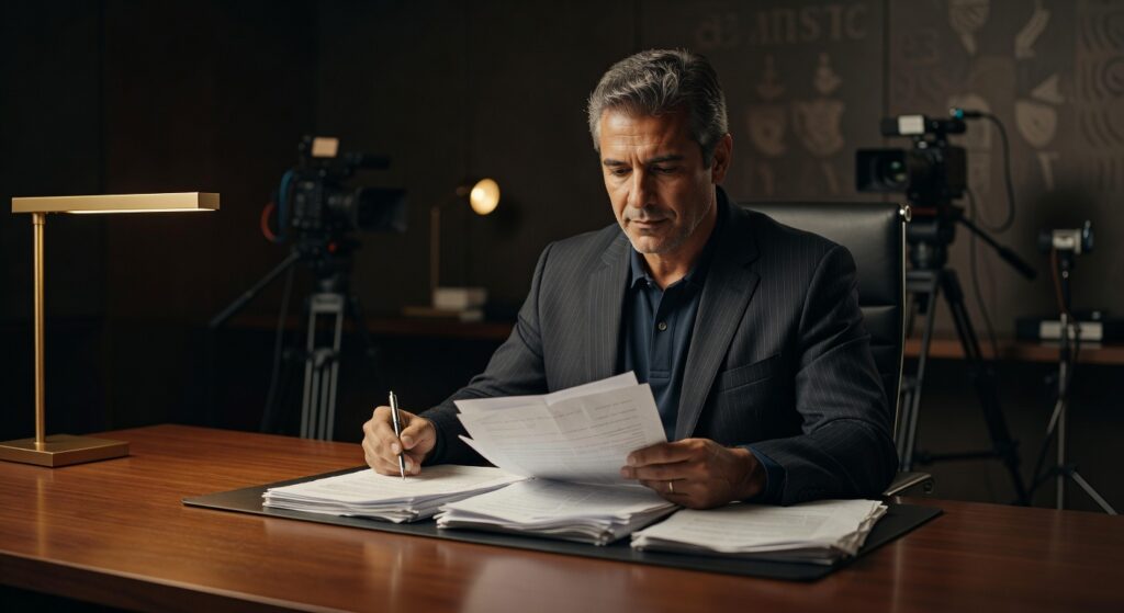 Empresário de terno cinza revisando documentos em escritório com equipamentos de filmagem ao fundo, produção audiovisual