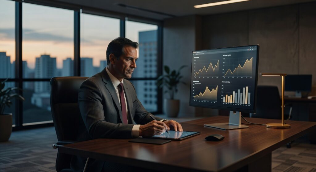 Executivo de terno trabalhando em escritório moderno com gráficos no monitor, produção audiovisual corporativa